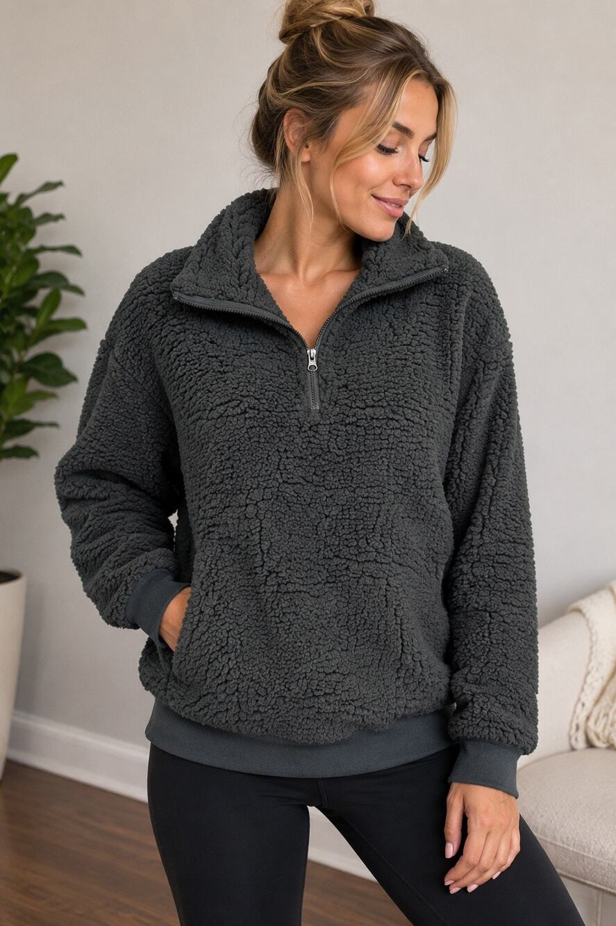 Z By Zella Power Up Cozy Faux Shearling Quarter Zip Pullover Kangaroo Pocket S